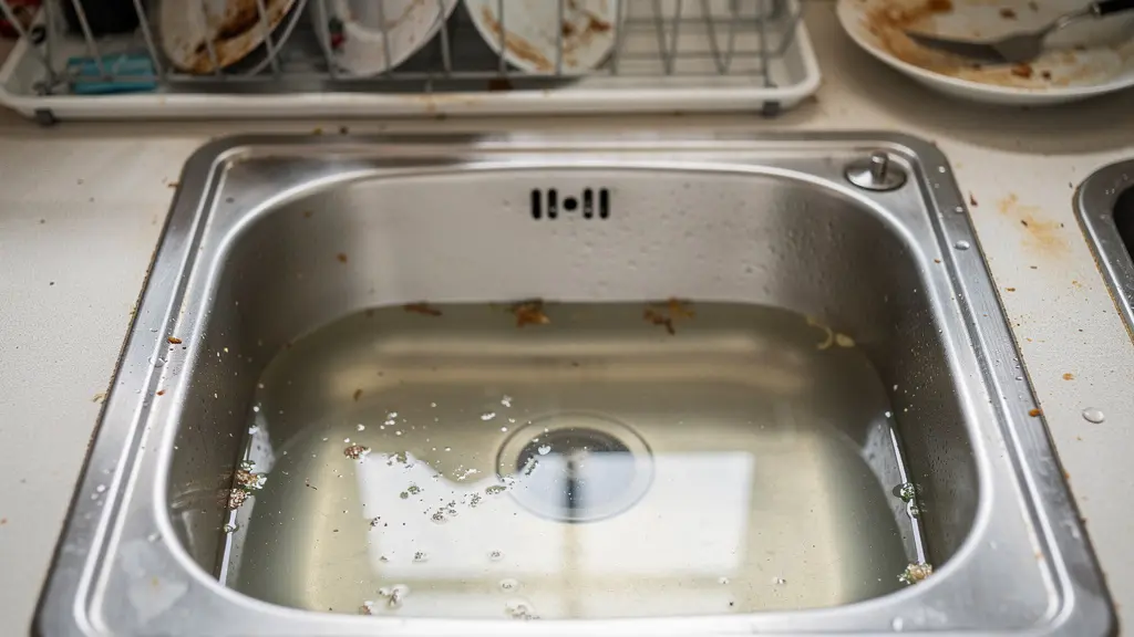 Évier de cuisine avec eau stagnante ne s'écoulant pas, symptôme de canalisation bouchée