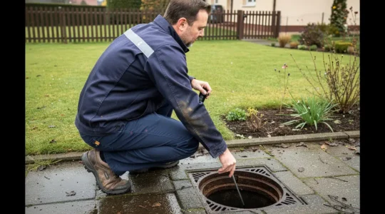 Technicien en débouchage inspectant un regard de canalisation dans un jardin de pavillon à Cholet