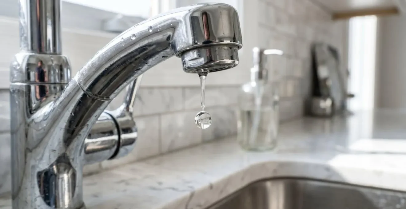 Gros plan sur un robinet chromé moderne avec une goutte d'eau en suspension