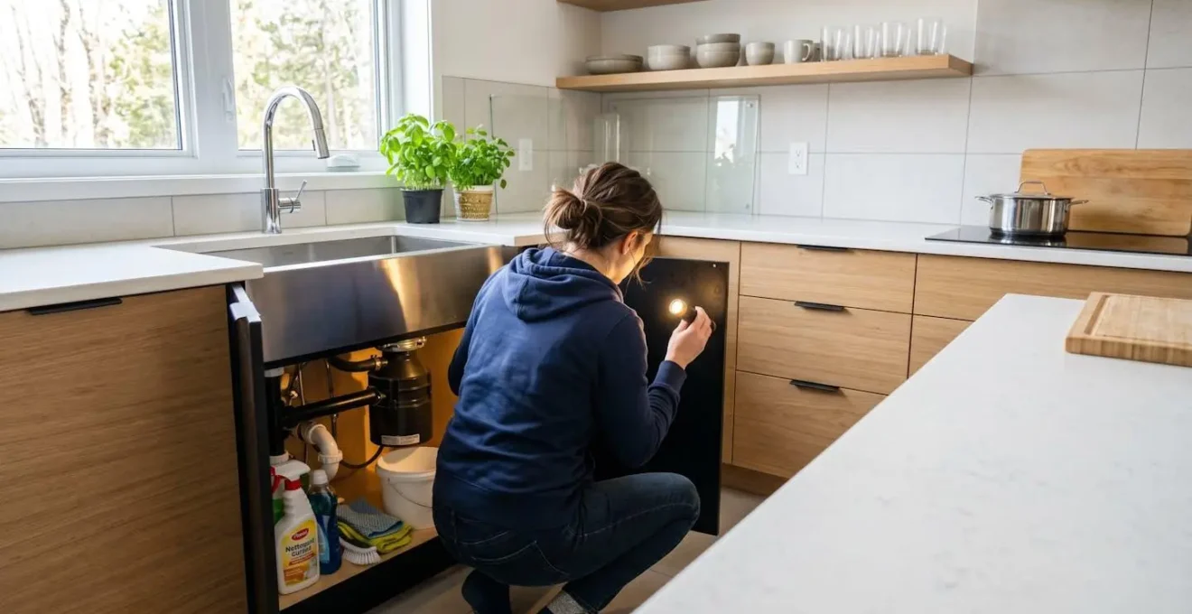 Personne vue de dos inspectant l'espace sous un évier de cuisine avec une lampe torche