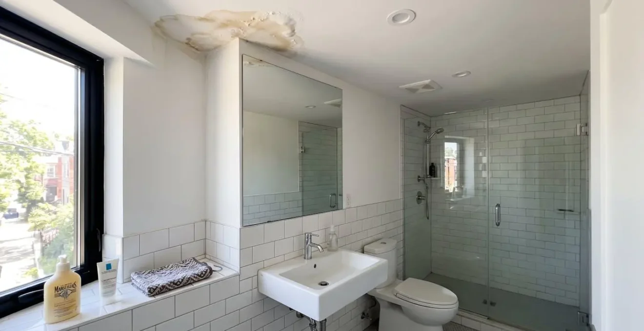 Salle de bain contemporaine avec carrelage blanc et trace d'humidité visible au plafond