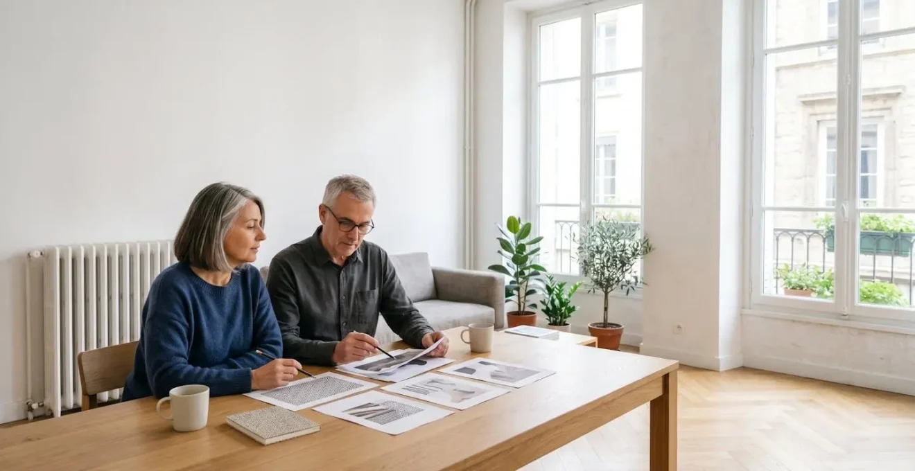 Scène représentant un foyer français planifiant un projet de rénovation énergétique avec des documents administratifs