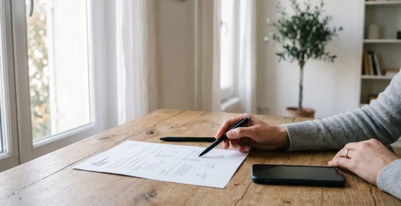 Main d'un consommateur examinant attentivement un document de devis avec un stylo
