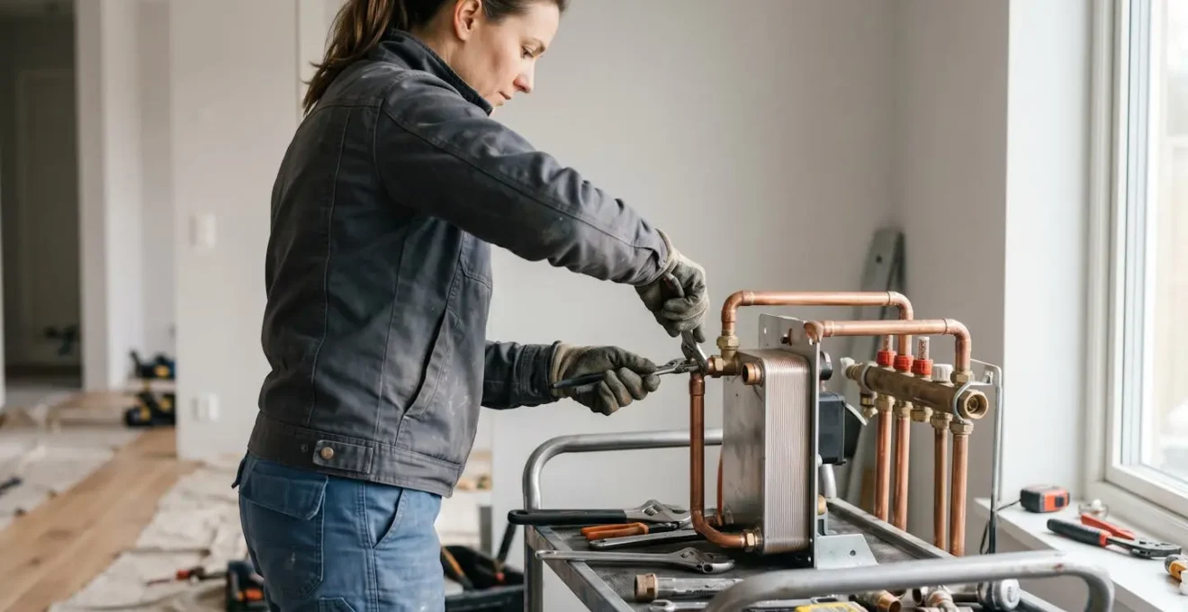 Artisan plombier-chauffagiste au travail sur l'installation d'équipements de chauffage dans le cadre d'une rénovation énergétique en France