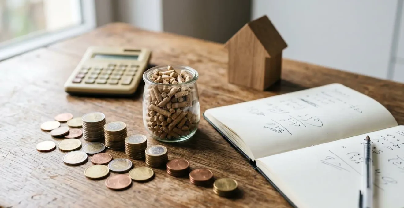 Représentation visuelle du concept d'amortissement d'une chaudière à granulés comparé au fioul avec documents et calculatrice dans un contexte français