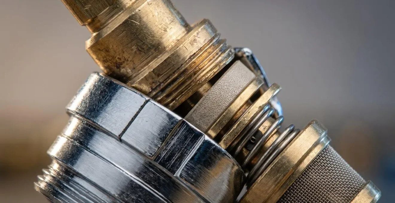 Vue macro detaillee d'une cartouche thermostatique de mitigeur moderne