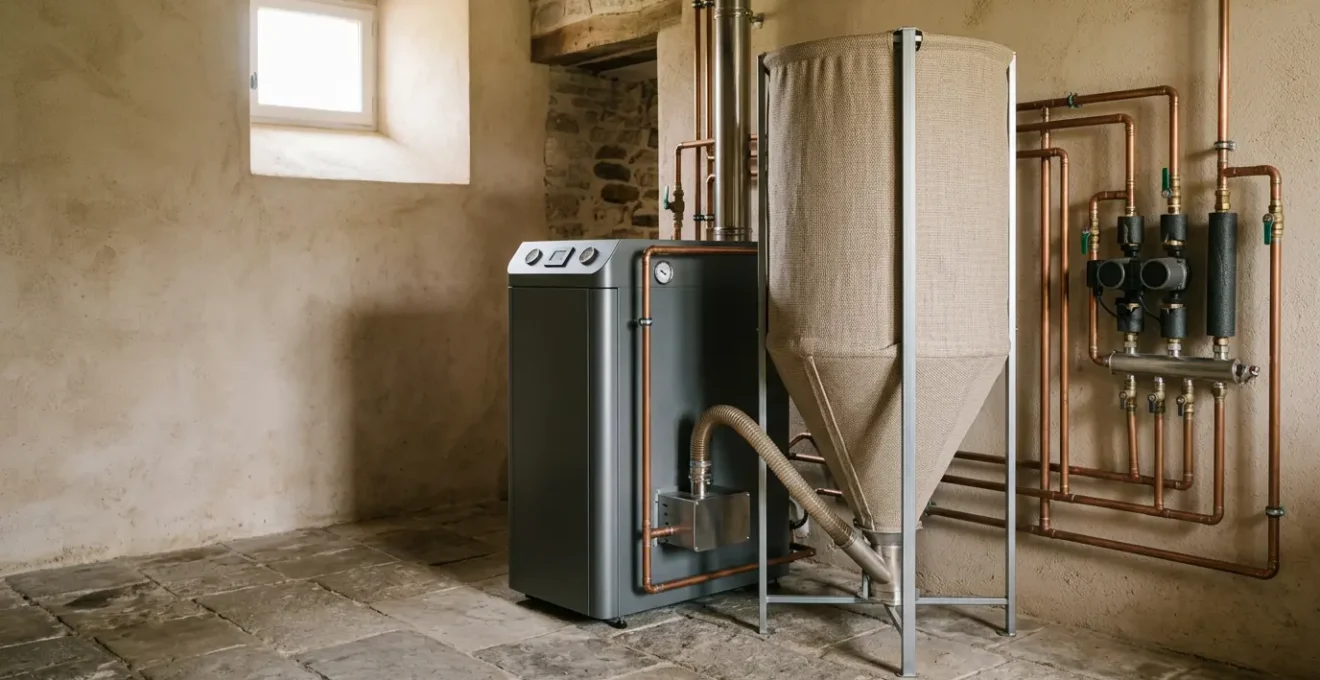 Chaudière moderne à granulés de bois dans un environnement domestique français avec silos de stockage et système de chauffage central