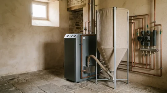 Chaudière moderne à granulés de bois dans un environnement domestique français avec silos de stockage et système de chauffage central