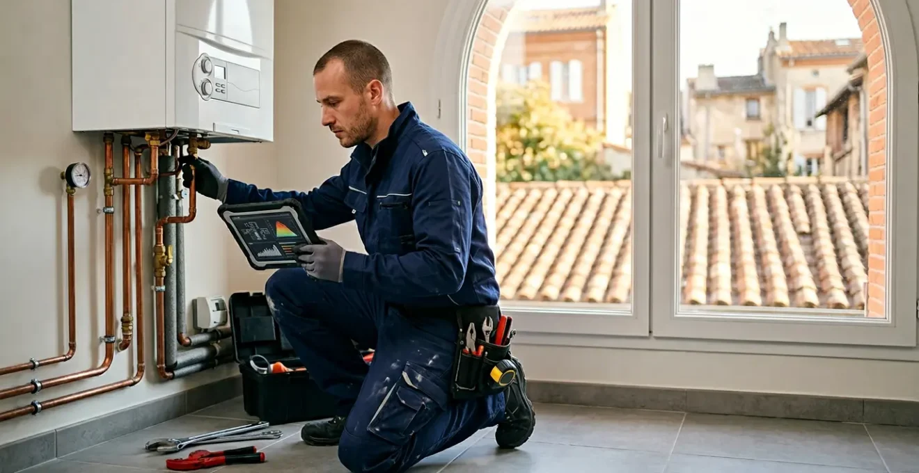 Artisan plombier chauffagiste professionnel inspectant une installation de chauffage dans un environnement toulousain