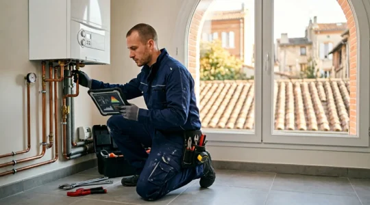 Artisan plombier chauffagiste professionnel inspectant une installation de chauffage dans un environnement toulousain