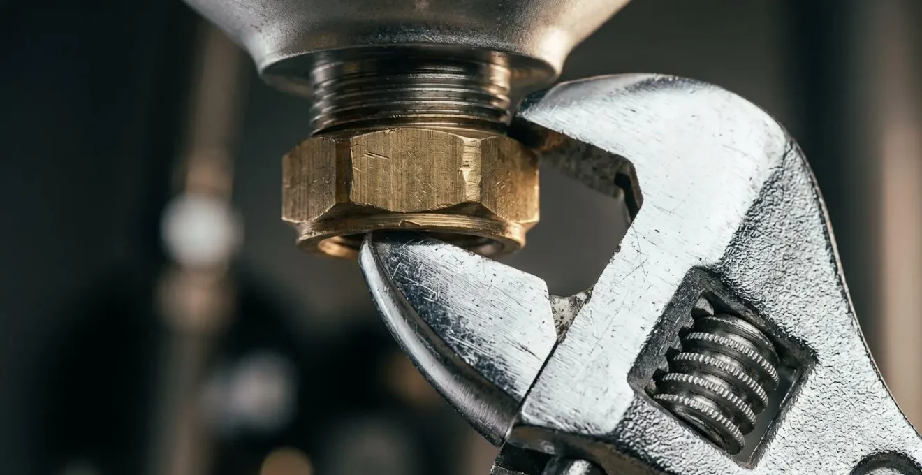 Gros plan macro sur une clé à molette de 32 mm en action serrant un écrou chromé de robinetterie avec détails texturaux extrêmes des surfaces métalliques