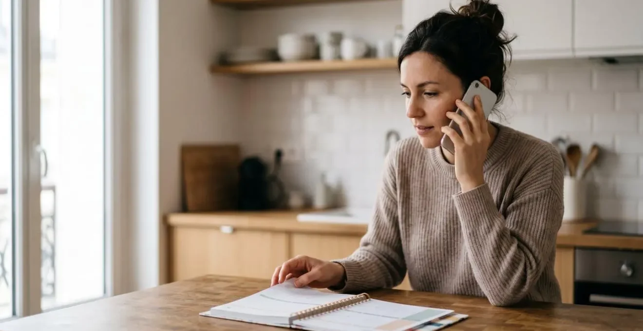 Personne effectuant un appel téléphonique professionnel dans un intérieur domestique lumineux