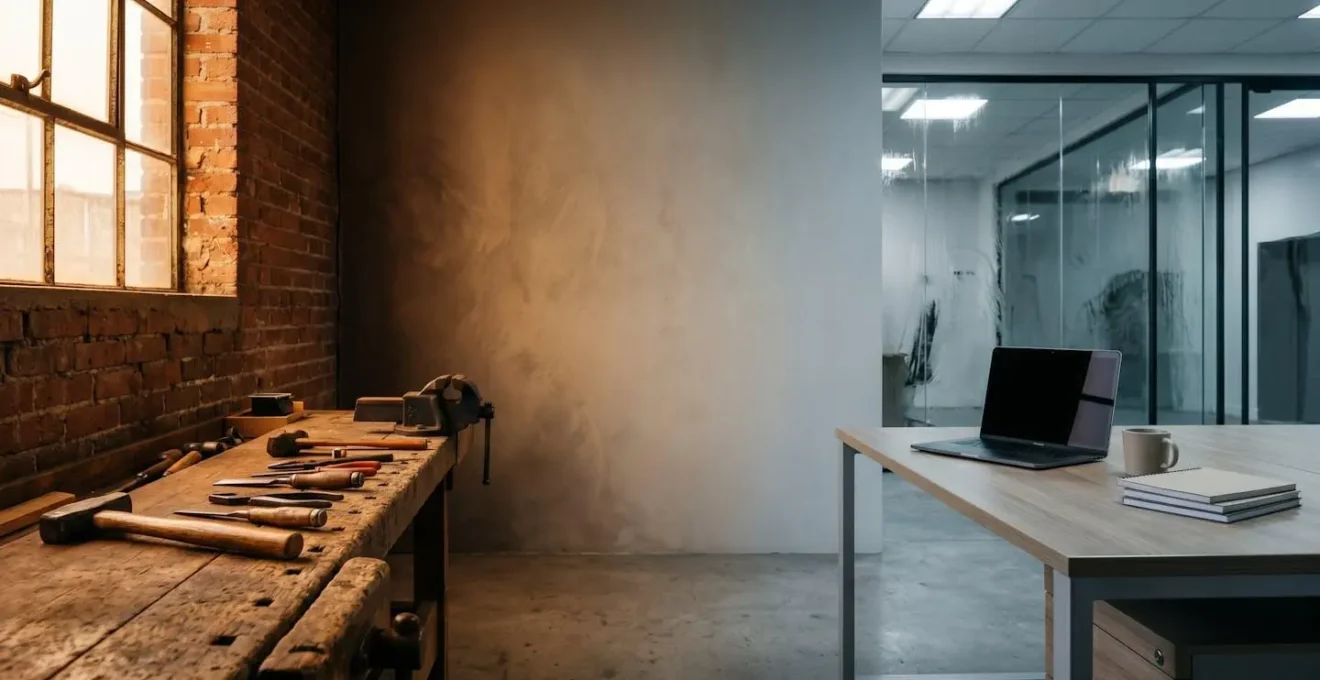 Deux environnements de travail distincts illustrant l'artisan indépendant et la grande structure