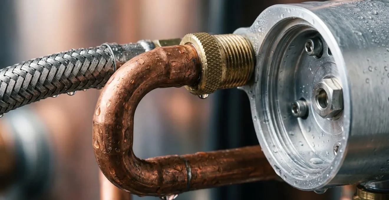 Vue macro de composants techniques d'un système de chauffage d'eau avec textures métalliques