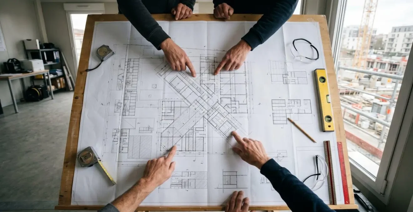 Plan technique de rénovation avec outils de mesure sur table de travail