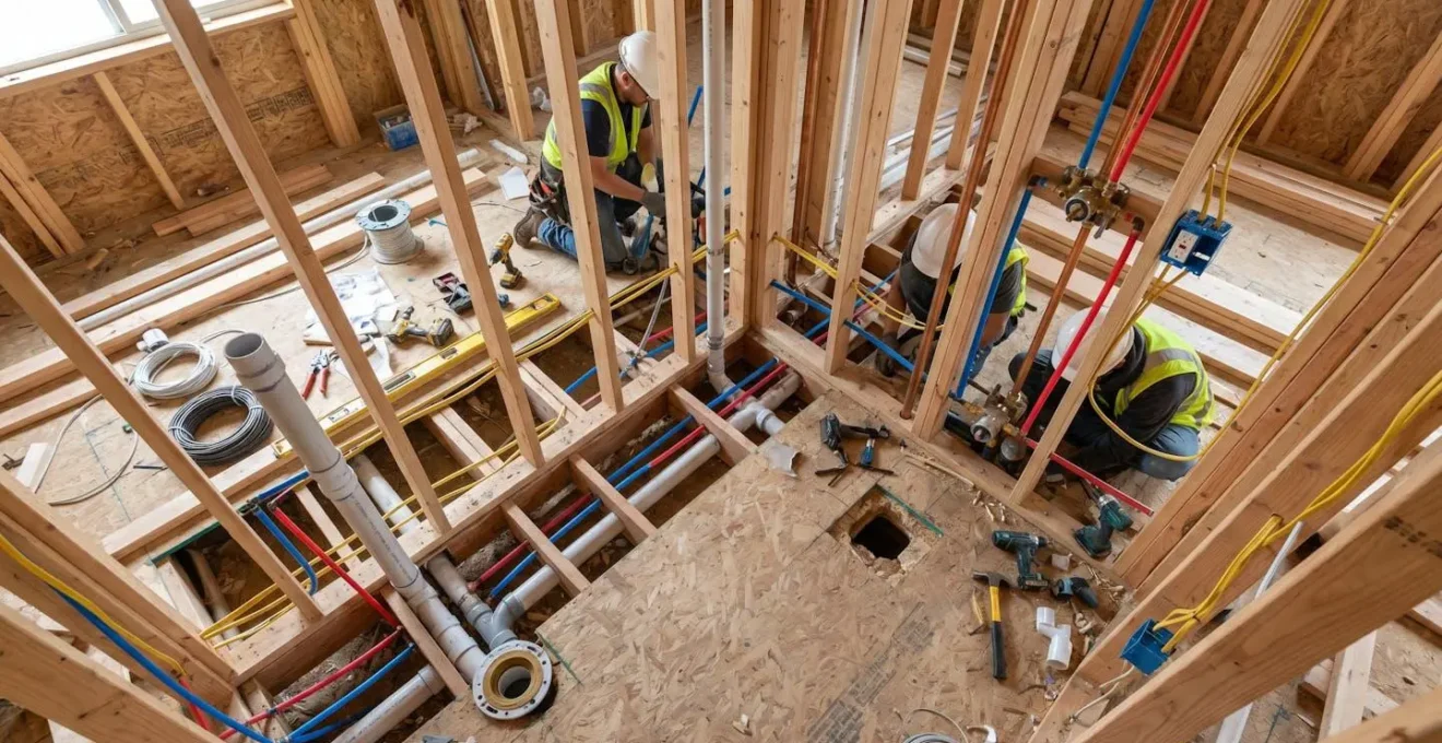 Vue d'ensemble d'un chantier de salle de bains montrant l'interconnexion nécessaire entre les installations électriques et de plomberie