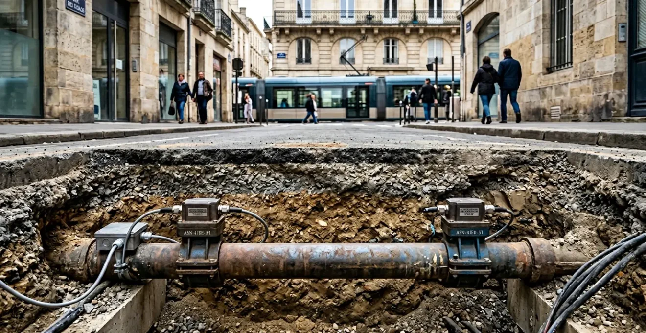 Système de corrélation acoustique avec deux capteurs disposés sur une canalisation enterrée sous une route urbaine française