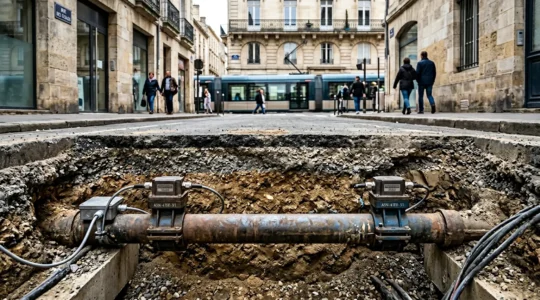 Système de corrélation acoustique avec deux capteurs disposés sur une canalisation enterrée sous une route urbaine française