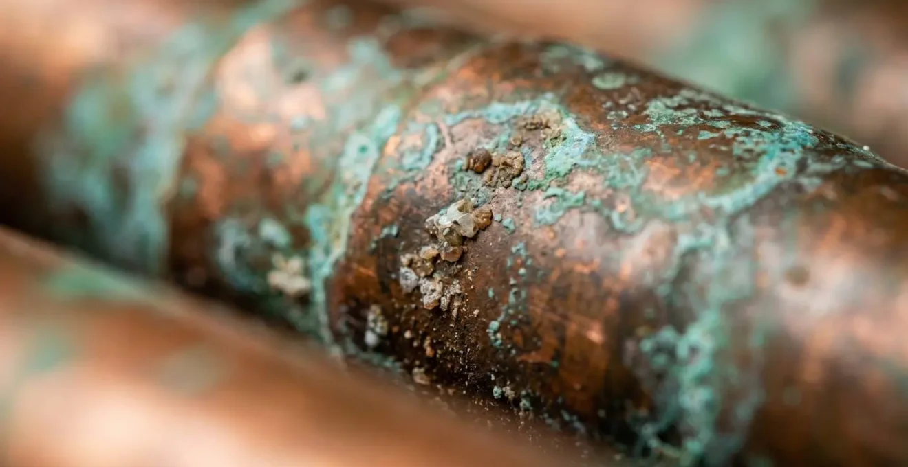 Détail macro d'une surface en cuivre montrant les effets de la corrosion calcaire