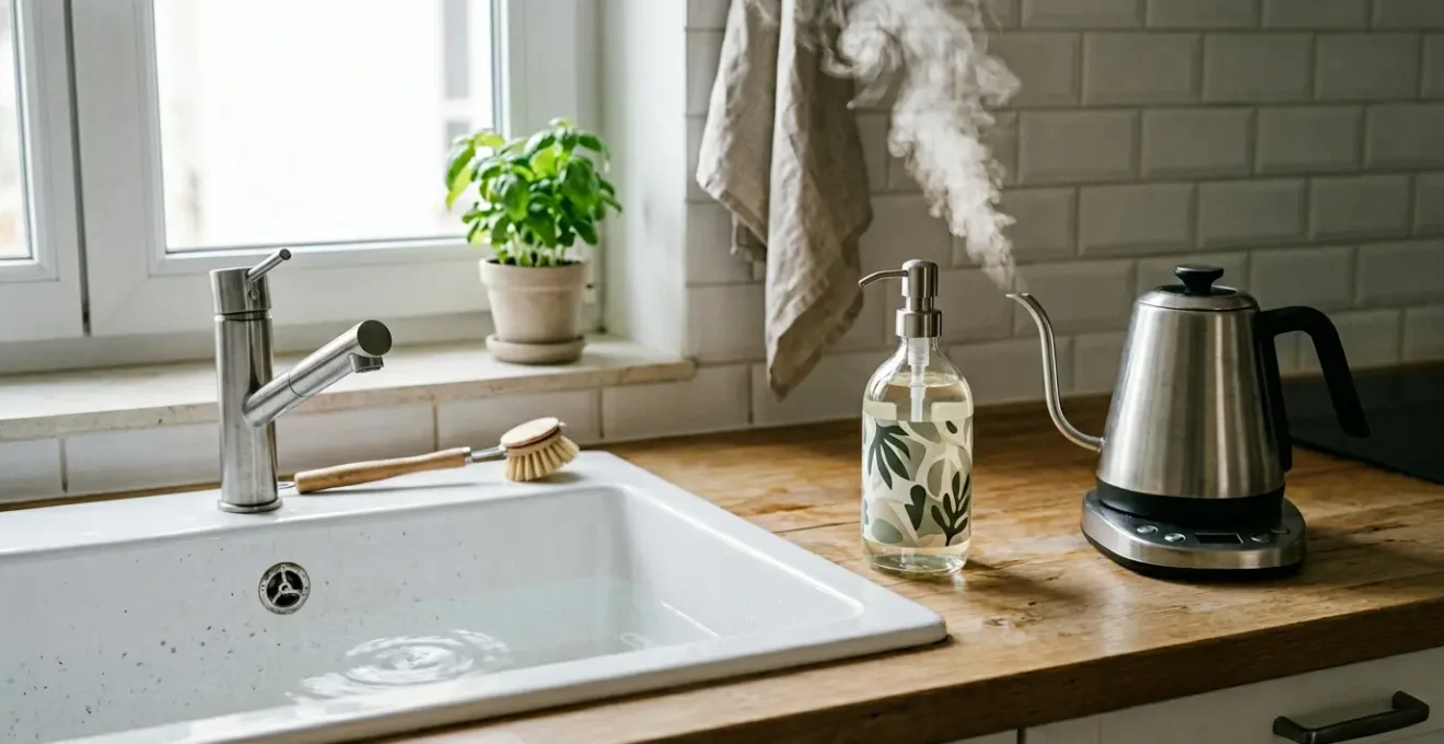 Évier de cuisine français avec écoulement lent, liquide vaisselle et eau chaude à proximité, représentant la méthode de débouchage naturel
