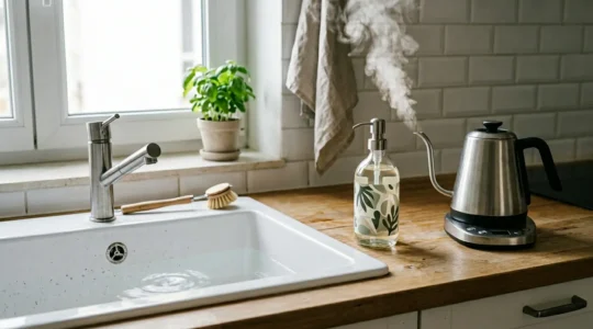 Évier de cuisine français avec écoulement lent, liquide vaisselle et eau chaude à proximité, représentant la méthode de débouchage naturel