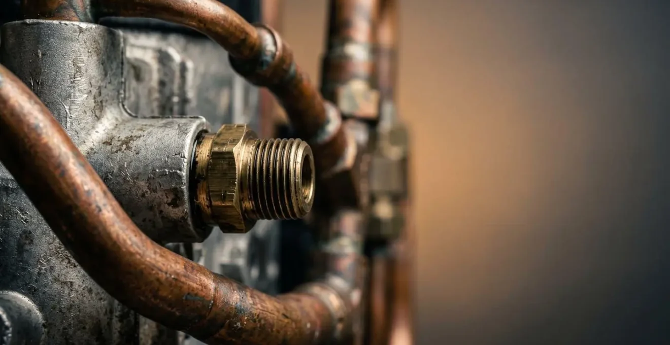 Vue rapprochée des composants techniques d'une pompe à chaleur moderne montrant la qualité de fabrication