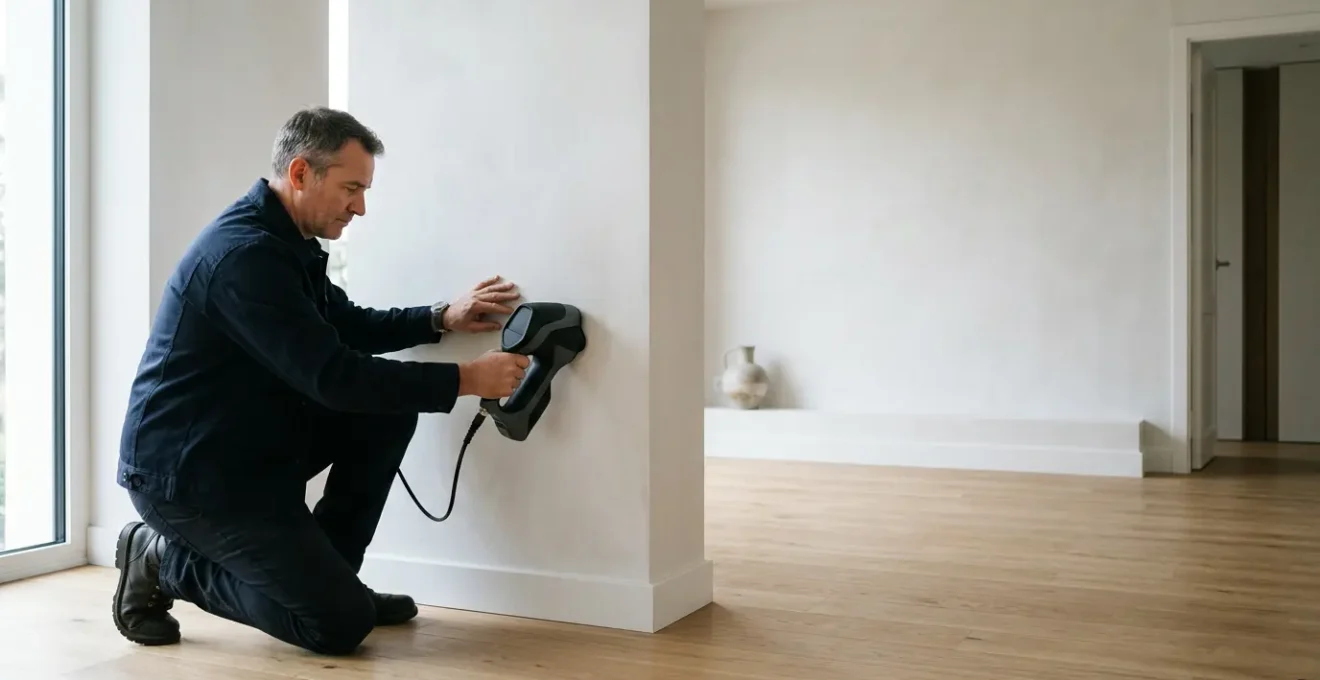 Technicien professionnel utilisant un équipement de détection moderne pour localiser une fuite d'eau cachée dans une habitation française, sans démolition des murs