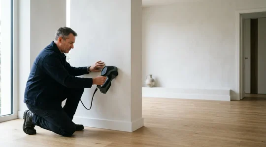 Technicien professionnel utilisant un équipement de détection moderne pour localiser une fuite d'eau cachée dans une habitation française, sans démolition des murs