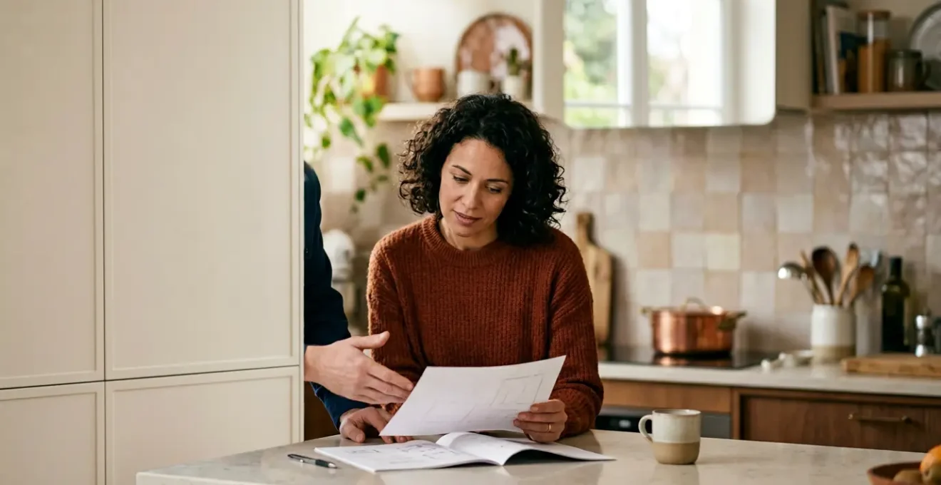 Professionnel de la plomberie présentant un document officiel à un client dans un contexte résidentiel français
