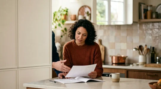 Professionnel de la plomberie présentant un document officiel à un client dans un contexte résidentiel français