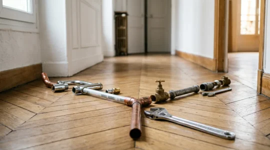 Concept symbolisant le dilemme entre plateforme de dépannage et plombier indépendant avec outils de plomberie professionnels