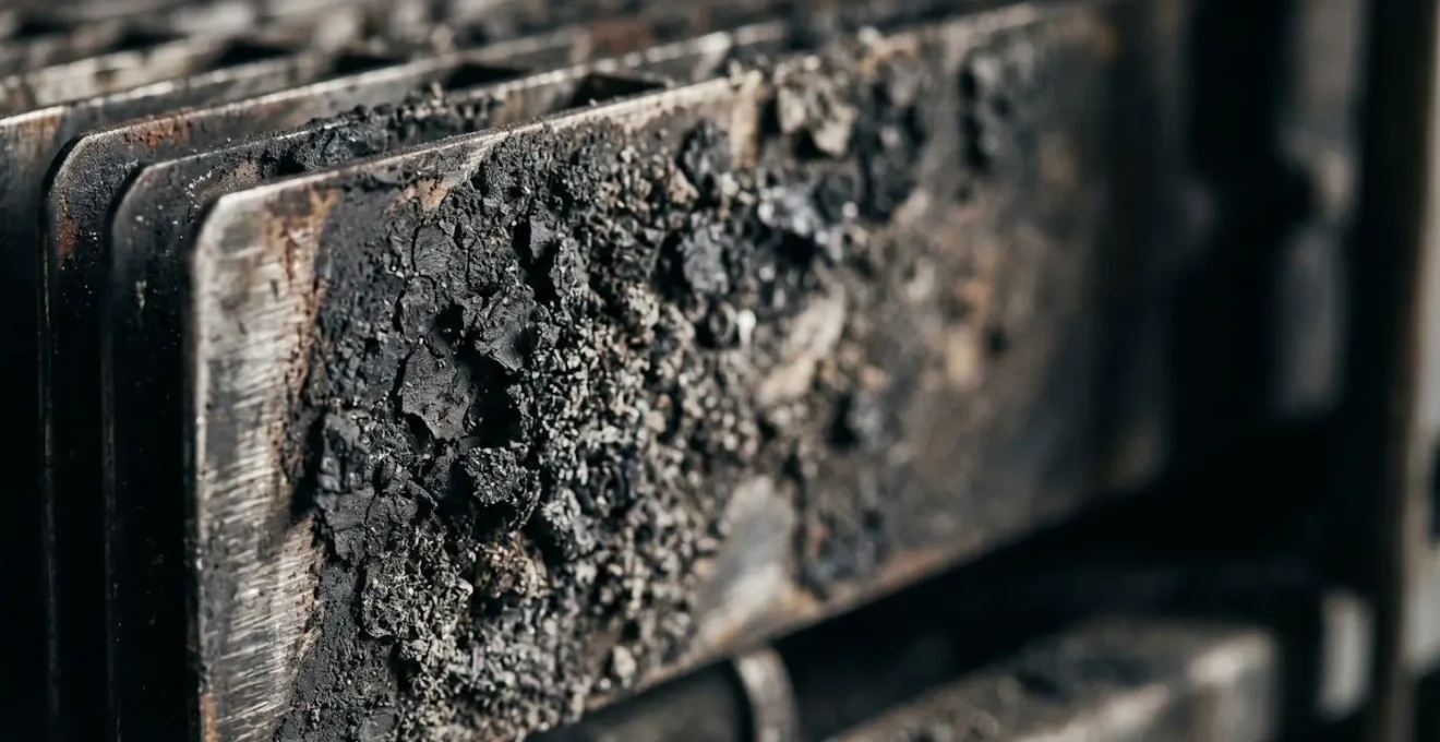Gros plan détaillé sur les dépôts de suie et l'encrassement d'un corps de chauffe de chaudière à gaz