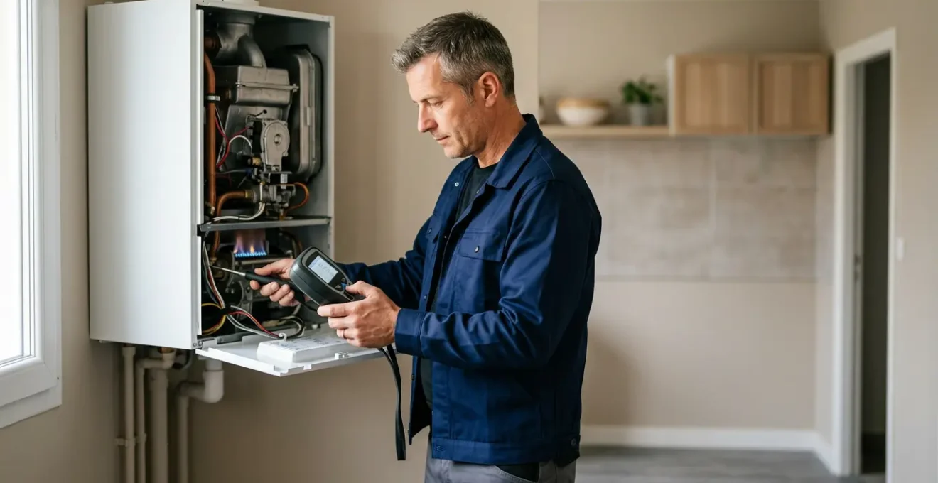 Technicien professionnel effectuant l'entretien annuel d'une chaudière à gaz moderne dans un foyer français