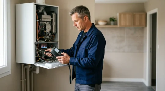 Technicien professionnel effectuant l'entretien annuel d'une chaudière à gaz moderne dans un foyer français