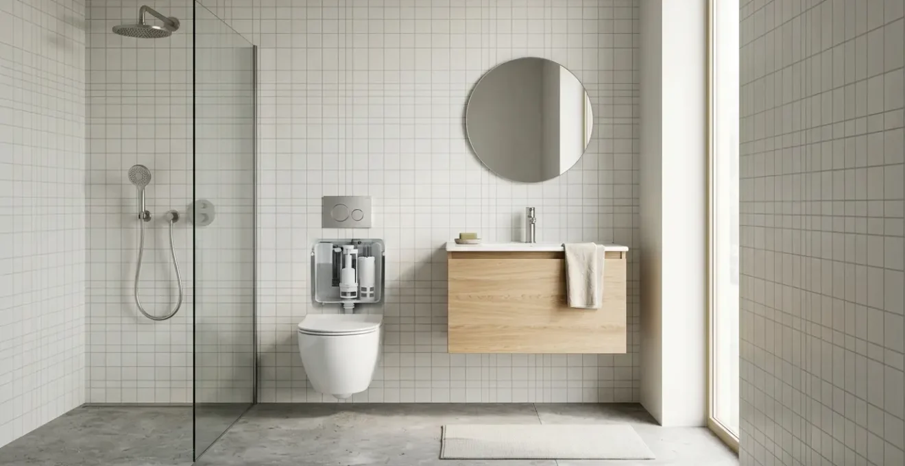 Vue d'ensemble réaliste d'équipements sanitaires économes en eau dans une salle de bain contemporaine française