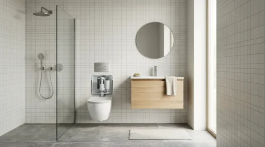 Vue d'ensemble réaliste d'équipements sanitaires économes en eau dans une salle de bain contemporaine française