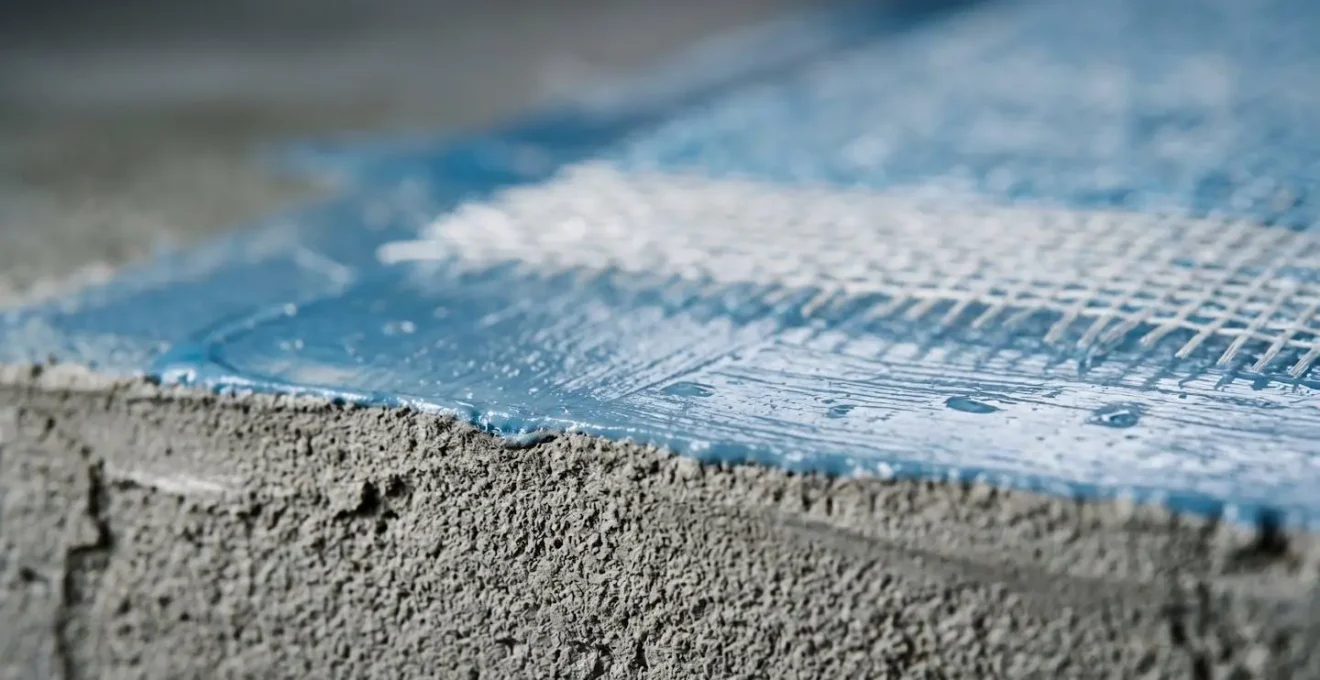 Détail macro des couches d'étanchéité sous carrelage de douche avec membrane et bandes de renfort