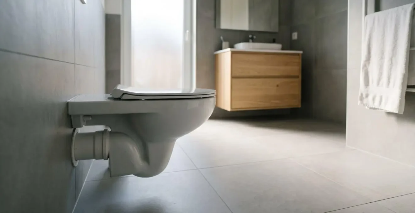 Vue d'ensemble minimaliste d'une salle de bain moderne montrant l'arrière d'un WC avec tuyauterie d'évacuation visible dans un environnement épuré et lumineux