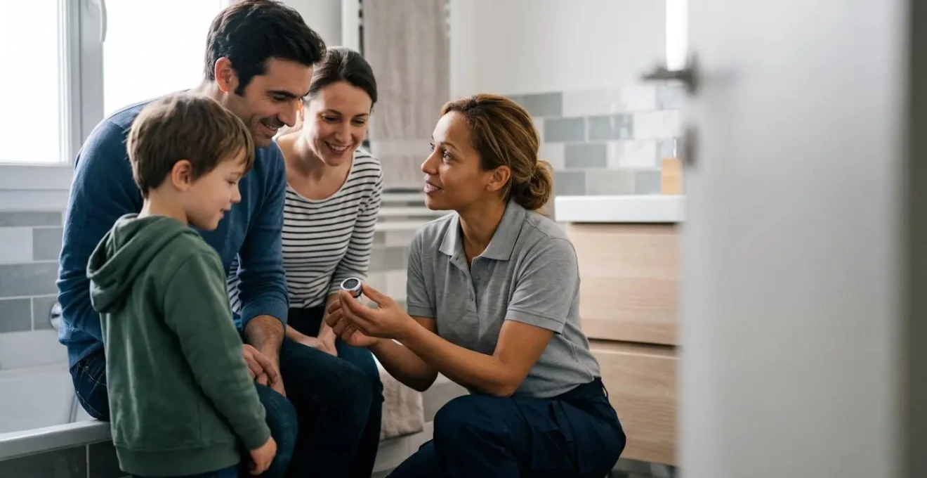 Scène chaleureuse d'un artisan plombier professionnel expliquant le fonctionnement d'équipements économes à une famille française dans leur maison
