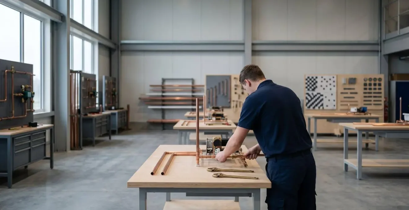 Formation pratique en atelier pour plombier avec équipements réels de chauffage