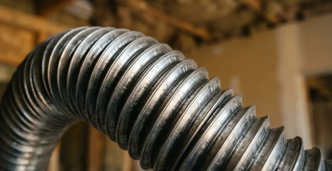 Gros plan macro sur une gaine de canalisation métallique de poêle à granulés avec détails de texture