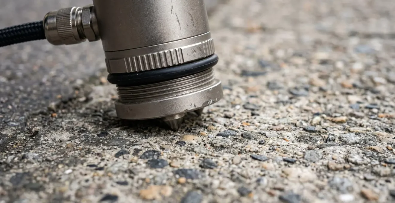 Géophone professionnel positionné sur trottoir en béton avec technique de profilage sonore tous les 50 cm