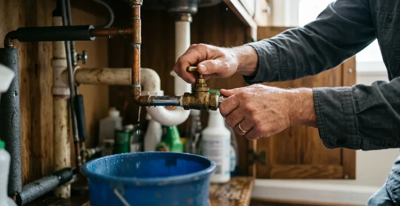 Scène domestique montrant une intervention d'urgence face à une fuite d'eau majeure avant l'arrivée du plombier