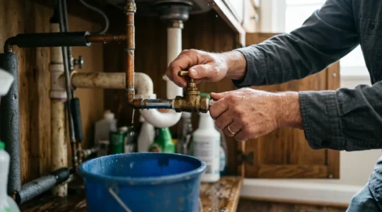 Scène domestique montrant une intervention d'urgence face à une fuite d'eau majeure avant l'arrivée du plombier