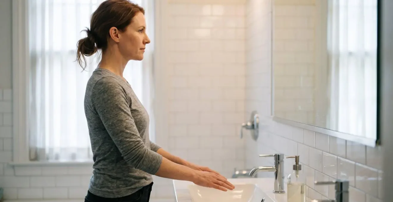 Vue latérale montrant la posture ergonomique correcte d'une personne utilisant un lavabo à la hauteur standard de 83 cm