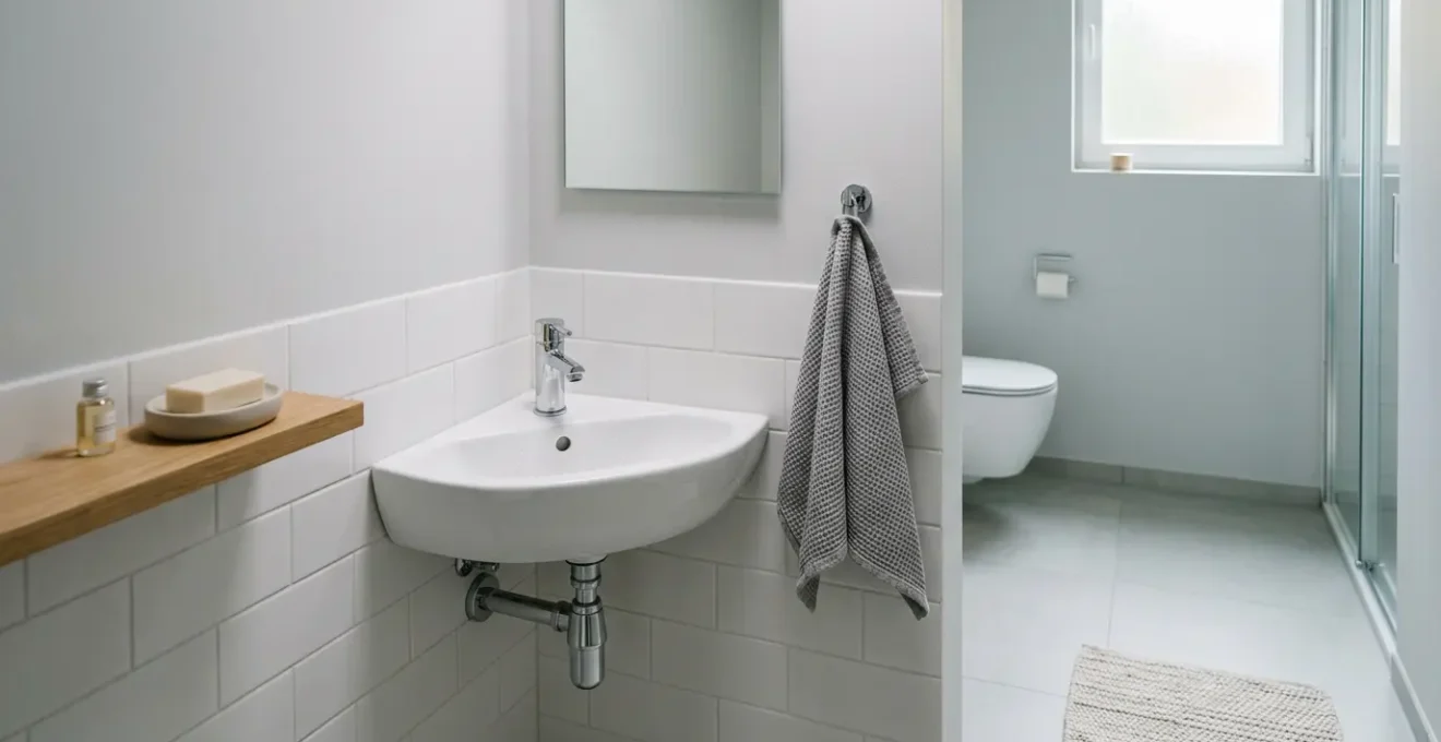 Lave-mains d'angle compact installé dans un coin optimisant l'espace d'une petite salle de bains moderne