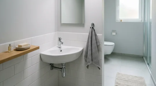 Lave-mains d'angle compact installé dans un coin optimisant l'espace d'une petite salle de bains moderne