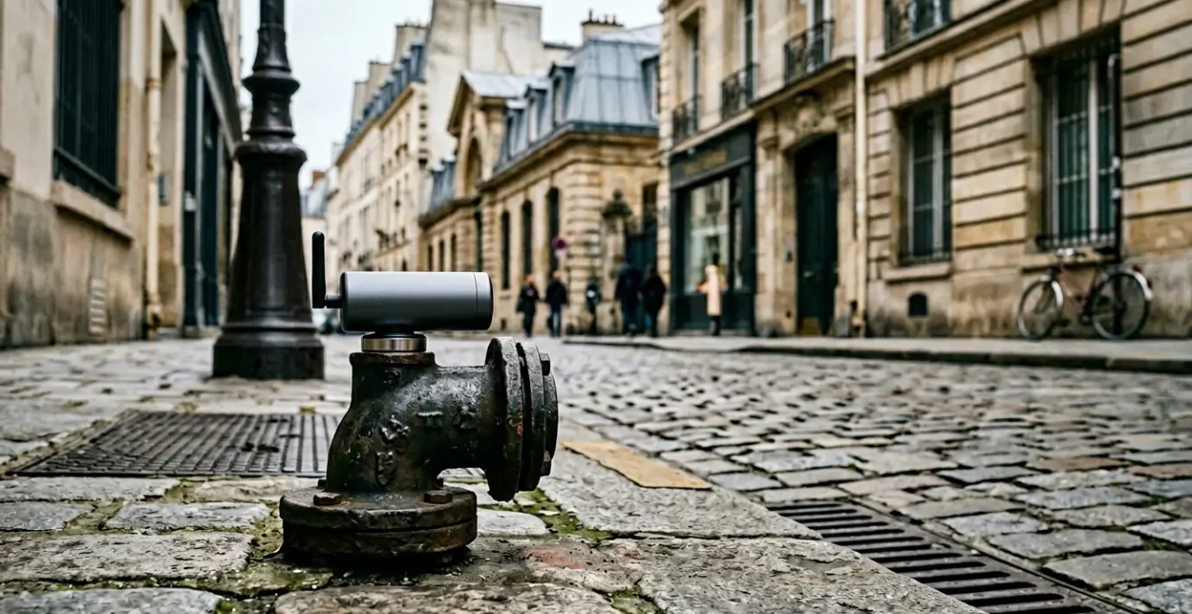 Logger acoustique moderne fixé sur une vanne de canalisation dans un environnement urbain français