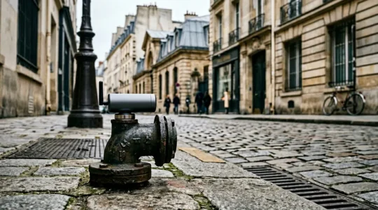 Logger acoustique moderne fixé sur une vanne de canalisation dans un environnement urbain français