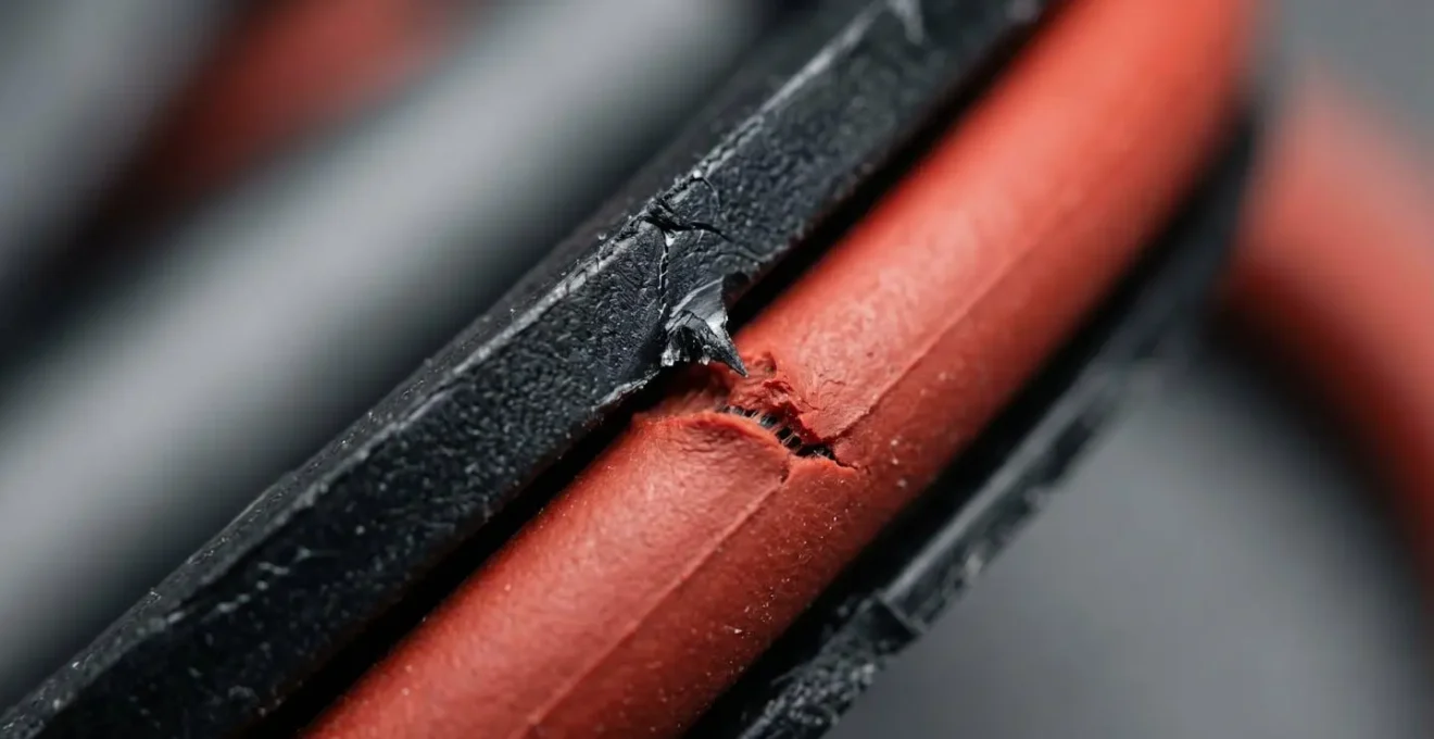 Vue macro extrême d'une bavure microscopique sur un tube PER créant une entaille dans un joint torique de raccord